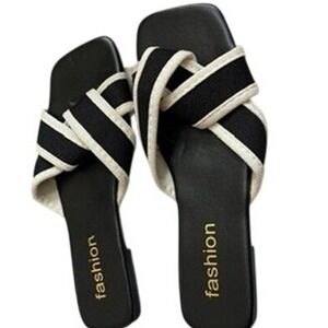 Fashion Black Cream Crisscross Slide Sandals Square Toe Flat Slides Size 37